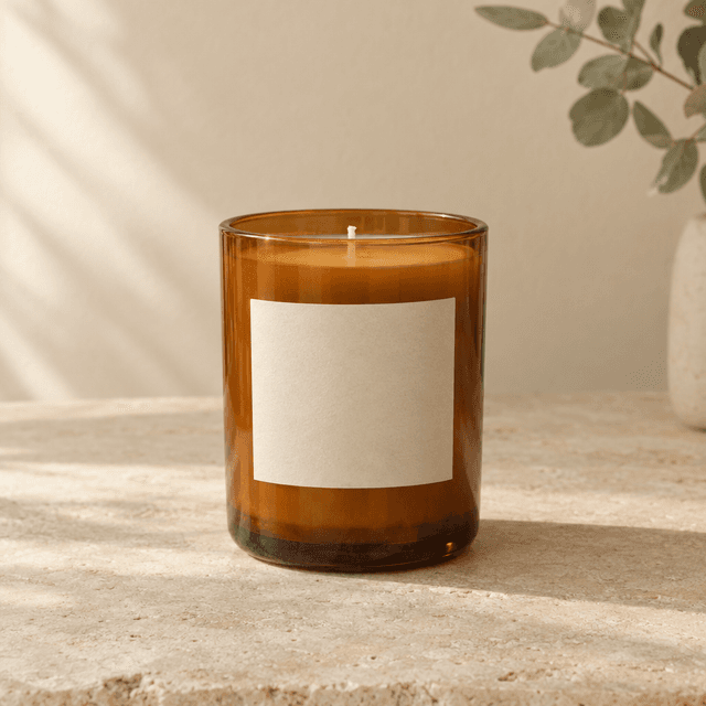Amber glass candle jar in soft window light